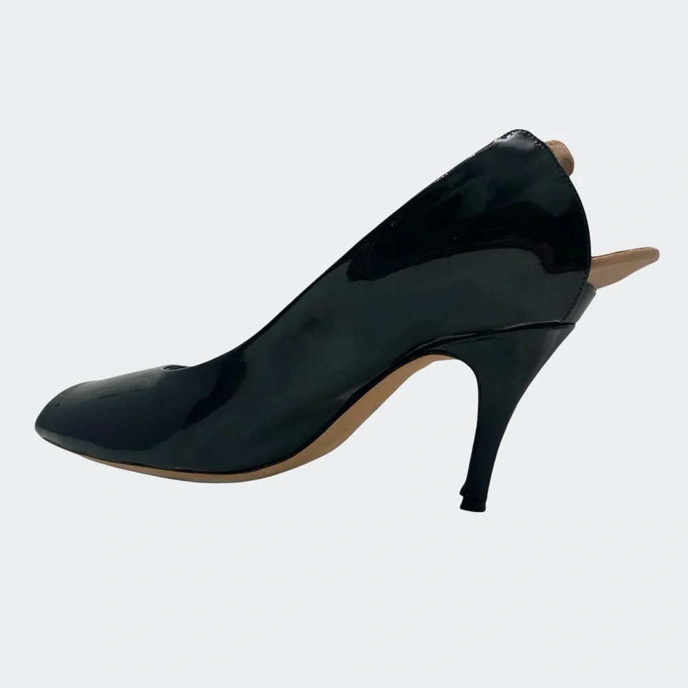 MARC JACOBS BLACK PATENT LEATHER PEEP TOE OPEN BEIGE HEEL STILETTOS HEELS